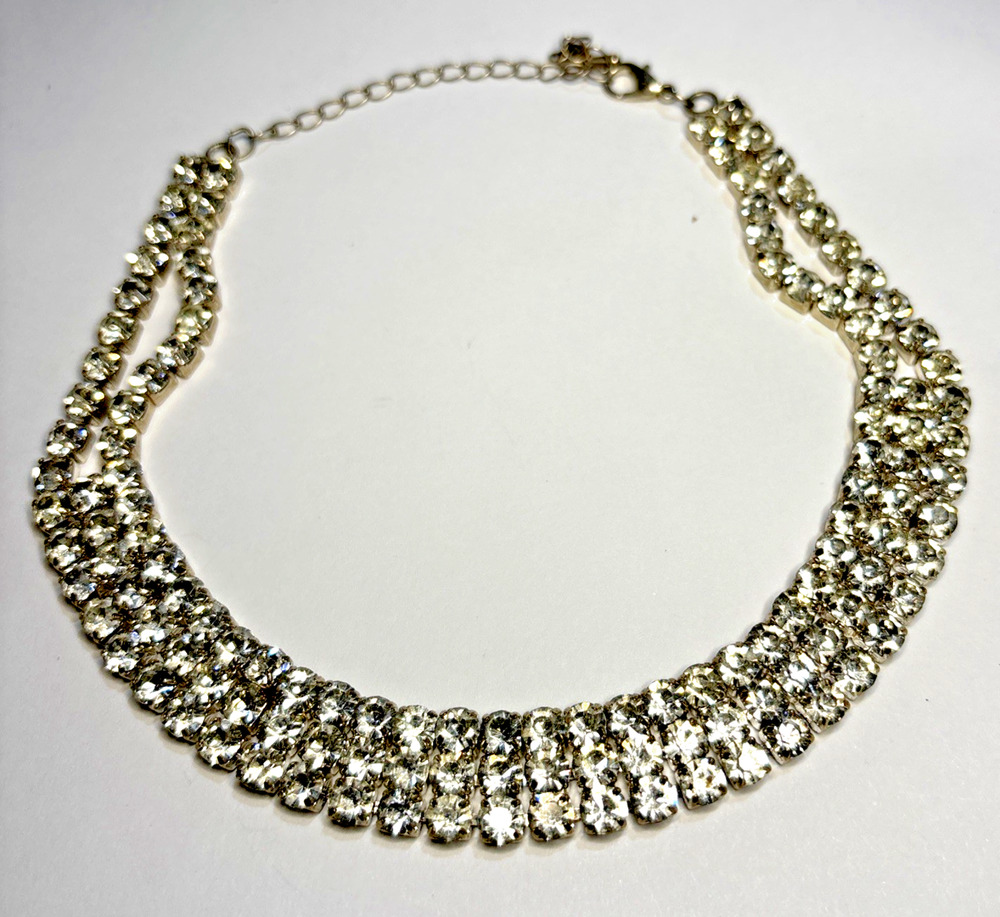 Clear Rhinestone Collar Necklace Silver Tone Multi Row Bridal Statement